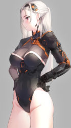 Rule 34 | 1girl, blush, breasts, closed mouth, commentary request, covered navel, cowboy shot, groin, hair between eyes, hand on own hip, headgear, highres, kfr, large breasts, leotard, long hair, looking at viewer, machinery, mecha, mechanical arms, original, red eyes, robot, silver hair, simple background, single mechanical arm, solo, standing, thighs
