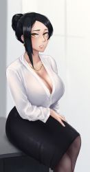 Rule 34 | 1girl, bijin onna joushi takizawa-san, black hair, blouse, bra visible through clothes, breasts, brown eyes, cleavage, curvy, earrings, hair bun, highres, jewelry, large breasts, looking at viewer, mature female, mole, mole under mouth, necklace, office lady, pantyhose, pencil skirt, roresu, see-through, shirt, single hair bun, sitting, skirt, solo, takizawa kyouko, white shirt