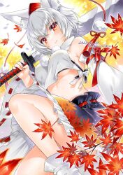 Rule 34 | 1girl, 2023, animal ear fluff, animal ears, arm at side, armpit crease, artist name, autumn, autumn leaves, bare shoulders, black skirt, blush, bow, breasts, bright pupils, closed mouth, commentary request, dated, detached sleeves, eyes visible through hair, falling leaves, feet out of frame, foreshortening, from below, hair between eyes, hand up, hat, holding, holding sword, holding weapon, inubashiri momiji, knee up, leaf, leaf print, long sleeves, maple leaf, maple leaf print, marker (medium), medium breasts, midriff, no bra, nordic niku, pom pom (clothes), print skirt, red bow, red eyes, red hat, red ribbon, ribbon, ribbon-trimmed sleeves, ribbon trim, shirt, shirt bow, short hair, simple background, skirt, sleeve bow, sleeveless, sleeveless shirt, solo, split mouth, sword, tokin hat, touhou, traditional media, turtleneck, two-tone background, two-tone skirt, underboob, weapon, white background, white bow, white hair, white shirt, wide sleeves, wolf ears, wolf girl, yellow background