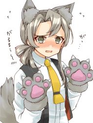 Rule 34 | 1girl, alternate sleeve length, animal ear fluff, animal ears, animal hands, asymmetrical hair, black vest, claws, cocoperino, commentary request, dress shirt, flipped hair, gloves, grey eyes, kantai collection, long sleeves, necktie, nowaki (kancolle), paw gloves, shirt, silver hair, solo, swept bangs, tail, vest, white shirt, wolf ears, wolf tail, yellow necktie