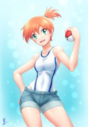 Rule 34 | 1girl, aozame takao, blue background, competition swimsuit, contrapposto, cowboy shot, creatures (company), denim, female focus, game freak, gluteal fold, gradient background, hand on own hip, highres, looking at viewer, misty (pokemon), nintendo, one-piece swimsuit, open mouth, orange hair, poke ball, poke ball (basic), pokemon, pokemon (anime), pokemon hgss, pokemon rgby, print swimsuit, short hair, short shorts, shorts, side ponytail, signature, solo, standing, swimsuit, swimsuit under clothes, thighs, white one-piece swimsuit