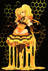 Rule 34 | 1girl, bee, black background, black thighhighs, blonde hair, bug, dress, earrings, elbow gloves, gloves, honey, honeycomb (pattern), honeycomb background, honeycomb pattern, insect, jewelry, noja, original, ribbon, skirt, smile, solo, thighhighs, twintails, yellow gloves, yellow theme, zettai ryouiki