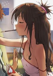 Rule 34 | 1boy, 1girl, absurdres, arado balanga (xchd7538), blush, breasts, brother and sister, brown hair, closed eyes, covered erect nipples, flying sweatdrops, food, hetero, highres, indoors, mouth hold, pocky, pocky day, pocky kiss, profile, shared food, siblings, small breasts, solo focus, strap slip, to love-ru, yuuki mikan, yuuki rito
