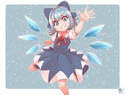 Rule 34 | 1girl, arm behind back, arm up, artist name, blue dress, blue eyes, blue hair, bright pupils, cirno, commentary, cropped legs, dress, emphasis lines, grey background, grin, hair ribbon, head tilt, highres, looking at viewer, outstretched hand, pinafore dress, puffy short sleeves, puffy sleeves, red neckwear, red ribbon, ribbon, shirt, short hair, short sleeves, simple background, sleeveless dress, smile, solo, standing, standing on one leg, teeth, touhou, white pupils, white shirt, wings, zanasta0810