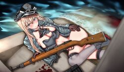 Rule 34 | 1girl, absurdres, bismarck (kancolle), blonde hair, blue eyes, bottomless, breasts, brown gloves, choker, cleavage, closed mouth, commentary request, cross, gloves, grey footwear, grey jacket, grey socks, gun, hat, highres, iron cross, jacket, kantai collection, kneehighs, large breasts, long hair, lying, military hat, military jacket, military uniform, no panties, ocean, on side, peaked cap, rifle, socks, solo, staring, teitoku zantou, torn clothes, uniform, weapon