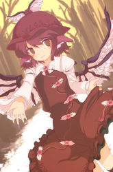 Rule 34 | 1girl, animal ears, bad id, bad pixiv id, claws, clothes grab, dress, dutch angle, female focus, fingernails, frilled dress, frills, hat, kinohanaomise, long fingernails, long sleeves, mystia lorelei, outstretched hand, pink hair, smile, solo, su (pixiv), touhou, wings