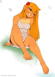 Rule 34 | 1girl, absurdres, anklet, arm support, bad id, bad twitter id, barefoot, black eyes, blonde hair, breasts, dress, earrings, feet, floral print, flower, full body, grass, grin, hair between eyes, hair flower, hair ornament, head tilt, highres, jewelry, light blush, long hair, looking to the side, off shoulder, on grass, on ground, original, pudgeruffian, sidelocks, signature, simple background, sitting, small breasts, smile, solo, strap slip, sundress, tan, tanline, teeth, thai (boondraws), thick eyebrows, thighs, white dress