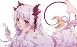 Rule 34 | 1girl, akihiko 05, barefoot, demon tail, hair ornament, highres, honey strap, long hair, long sleeves, looking at viewer, lying, mimikaki, nanashi inc., on stomach, pink hair, red eyes, simple background, suou patra, tail, virtual youtuber, white background