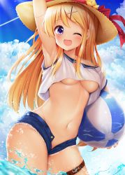 Rule 34 | 1girl, ;d, arm up, armpits, ball, bare shoulders, beachball, blonde hair, blue shorts, blue sky, blush, bow, breasts, brown hat, cloud, cloudy sky, commentary request, cowboy shot, crop top, crop top overhang, day, groin, hair ornament, hairclip, hat, hat bow, highres, kin-iro mosaic, kujou karen, long hair, looking at viewer, medium breasts, minato ojitan, navel, off shoulder, one eye closed, open clothes, open fly, open mouth, open shorts, outdoors, purple eyes, red bow, shirt, short shorts, shorts, skindentation, sky, smile, solo, sun hat, underboob, very long hair, wading, water, white shirt, x hair ornament