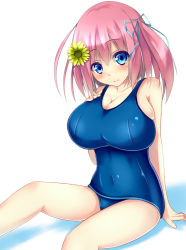 Rule 34 | 1girl, bad id, bad pixiv id, blue eyes, breasts, flower, hair flower, hair ornament, large breasts, original, pink hair, school swimsuit, short hair, solo, sunflower, swimsuit, twintails, yahiro (anhnw)