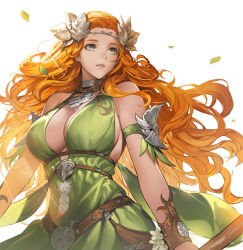 Rule 34 | 1girl, artist name, bare shoulders, belt, bracelet, breasts, chest strap, circlet, cleavage, cleavage cutout, clothing cutout, cowboy shot, detached sleeves, dress, falling leaves, feathers, final fantasy, final fantasy xiv, floating hair, from side, glint, green dress, green eyes, halter dress, halterneck, highres, jewelry, large breasts, laurel crown, leaf, light rays, long hair, looking afar, looking ahead, nophica, orange hair, parted lips, sideboob, signature, simple background, sleeveless, sleeveless dress, solo, standing, wavy hair, white background, zerg (z79438659)