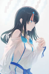 Rule 34 | 1girl, absurdres, artist request, bad id, bad pixiv id, bare shoulders, black hair, blue eyes, blue ribbon, blush, breasts, closed mouth, dress, fate/grand order, fate/requiem, fate (series), highres, jewelry, long sleeves, magatama, medium breasts, medium hair, multicolored hair, necklace, pink hair, puffy long sleeves, puffy sleeves, ribbon, short dress, sideboob, sideless outfit, streaked hair, two-sided fabric, two-sided skirt, utsumi erice, white dress