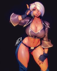 Rule 34 | 1girl, ahoge, angel (kof), belt, black gloves, black panties, breasts, chaps, cleavage, commentary, cowboy shot, cropped jacket, english commentary, finger gun, fingerless gloves, gloves, gluteal fold, hair over one eye, hand on own thigh, highres, jacket, large breasts, leather, leather jacket, lips, looking at viewer, making-of available, mole, mole on breast, panties, purple eyes, robaato, silver hair, snk, solo, standing, the king of fighters, thick thighs, thighs, toned, underwear