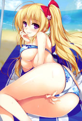 Rule 34 | 1girl, ahoge, ass, bandeau, beach, between legs, bikini, blonde hair, blush, bow, breasts, cloud, comic potpourri club, day, finger to mouth, floral print, hair bow, highres, large breasts, long hair, looking at viewer, ocean, outdoors, ponytail, purple eyes, side-tie bikini bottom, side ponytail, sky, smile, solo, sweat, swimsuit, tomose shunsaku, towel, umbrella, underboob, water, wet
