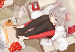 Rule 34 | 1girl, animal, animal ears, animal on head, bigxixi, black pantyhose, closed mouth, commentary request, couch, crochet, feet, from above, grey eyes, grey hair, heater, indoors, jacket, knees up, medium hair, mouse (animal), mouse ears, mouse girl, no shoes, nut (food), on head, original, pantyhose, pistachio, red sweater, seed, sidelocks, sitting, slippers, solo, sunflower seed, sweater, table, toes, unworn slippers, warming, white jacket