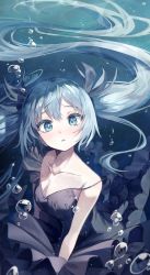 Rule 34 | 1girl, absurdres, air bubble, aqua eyes, aqua hair, bare shoulders, black bow, black dress, blush, bow, breasts, bubble, cleavage, collarbone, commentary, dot nose, dress, floating hair, hair between eyes, hair bow, han seol, hatsune miku, highres, huge filesize, long hair, looking at viewer, open mouth, shinkai shoujo (vocaloid), sleeveless, sleeveless dress, solo, strap slip, symbol-only commentary, tears, twintails, underwater, upper body, very long hair, vocaloid