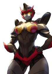 Rule 34 | 1girl, absurdres, breasts, decepticon, flamewar, hands on own hips, highres, looking down, mecha, no humans, oberon826, robot, small breasts, smile, solo, the transformers (idw), transformers, twitter username, yellow eyes