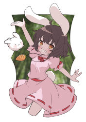 Rule 34 | 1girl, :3, :d, ahase hino, ahoge, animal ears, arm up, arms behind back, bamboo, bamboo forest, black hair, blurry, blurry background, blush, bob cut, border, breasts, brown eyes, carrot necklace, commentary, dress, forest, grin, highres, inaba tewi, jewelry, looking at viewer, nature, neck ribbon, necklace, open mouth, outside border, outstretched arms, pink dress, puffy short sleeves, puffy sleeves, rabbit, rabbit ears, rabbit girl, rabbit tail, red ribbon, ribbon, short hair, short sleeves, small breasts, smile, smug, solo, tail, touhou, v-shaped eyebrows, white border, white rabbit (alice in wonderland)