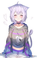 Rule 34 | 1girl, absurdres, ahoge, amato 0321, animal collar, animal ear fluff, animal ears, black collar, black hoodie, breasts, cat ears, cat girl, cat tail, closed eyes, collar, commentary, cowboy shot, crossed bangs, drawstring, facing viewer, fang, fang out, heart, highres, hololive, hood, hoodie, large breasts, medium hair, midriff, nekomata okayu, nekomata okayu (1st costume), onigiri print, pants, purple hair, simple background, smile, solo, sweatpants, tail, tied drawstring, virtual youtuber, white background