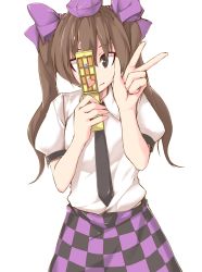 Rule 34 | 1girl, bow, brown eyes, brown hair, camera phone, cellphone, checkered clothes, checkered skirt, hair bow, hat, himekaidou hatate, kamukamu (ars), mirror, necktie, phone, reflection, selfie, skirt, solo, tokin hat, touhou, twintails, v
