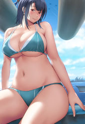 Rule 34 | 10s, 1girl, aoten, bikini, black hair, blue bikini, blush, breasts, cleavage, commentary request, female focus, hat, highres, kantai collection, large breasts, looking at viewer, navel, red eyes, short hair, sitting, smile, solo, swimsuit, takao (kancolle)