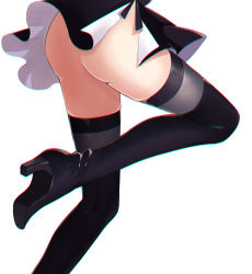 Rule 34 | 1girl, absurdres, ass, ass focus, black background, black dress, black footwear, black ribbon, black thighhighs, boots, chromatic aberration, close-up, dress, female focus, from behind, high heel boots, high heels, highres, huashengjiang, leg up, lower body, nier (series), nier:automata, no leotard, no panties, ribbon, short dress, side slit, simple background, solo, standing, standing on one leg, thigh boots, thighhighs, upskirt, wind, wind lift, 2b (nier:automata)