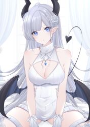 Rule 34 | 1girl, absurdres, ahoge, bare shoulders, blue eyes, breasts, cleavage, cleavage cutout, clothing cutout, cowboy shot, demon girl, demon horns, demon tail, earrings, grey hair, highres, horns, jewelry, large breasts, long hair, looking at viewer, low wings, necklace, original, shirt, sitting, solo, tail, thea (nekojira), thighs, usagisii, very long hair, white shirt, wings