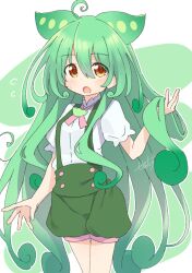 Rule 34 | 1girl, ahoge, alternate hair length, alternate hairstyle, breasts, buttons, commentary, cowboy shot, cross tie, green hair, green shorts, hair between eyes, hand in own hair, hand up, highres, long hair, looking at viewer, open mouth, orange eyes, outline, puffy shorts, sechin, shirt, short sleeves, shorts, signature, small breasts, solo, standing, suspender shorts, suspenders, sweat, very long hair, voiceroid, voicevox, white outline, white shirt, zundamon