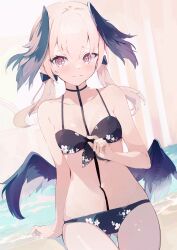 Rule 34 | 1girl, beach, bikini, black bikini, black bow, black choker, black wings, blue archive, bow, breasts, choker, closed mouth, collarbone, cowboy shot, facing viewer, feathered wings, floral print, gluteal fold, hair bow, hand up, head wings, highres, koharu (blue archive), koharu (swimsuit) (blue archive), koomoi, looking ahead, low twintails, low wings, ocean, official alternate costume, pink eyes, pink hair, print bikini, small breasts, solo, sweat, swimsuit, tattoo, twintails, wings