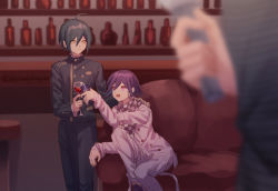 Rule 34 | 3boys, :d, ahoge, amami rantaro, artist name, black hair, black jacket, black pants, blurry, brown eyes, buttons, can, couch, cup, danganronpa (series), danganronpa v3: killing harmony, double-breasted, drinking glass, ewa (seraphhuiyu), fanta, feet out of frame, grey jacket, grey pants, hair between eyes, hand on another&#039;s shoulder, hand up, highres, holding, holding can, holding cup, indoors, jacket, long sleeves, looking at another, male focus, multiple boys, oma kokichi, open mouth, out of frame, pants, purple eyes, purple hair, saihara shuichi, shirt, short hair, sitting, smile, straitjacket, striped clothes, striped shirt, wine glass