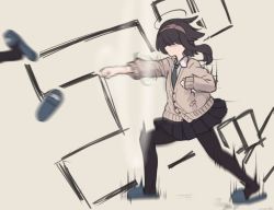 Rule 34 | 1girl, ahoge, text background, black pantyhose, black skirt, blue footwear, brown background, brown cardigan, brown hair, brown hairband, cardigan, clenched hands, collared shirt, commentary request, green neckwear, hairband, long hair, long sleeves, motion blur, natsuki teru, necktie, original, out of frame, outstretched arm, pantyhose, pleated skirt, punching, shikibe ayaka, shirt, short hair with long locks, sidelocks, simple background, skirt, sleeves past wrists, slippers, solo focus, standing, white shirt