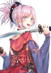 Rule 34 | 1girl, back, blue eyes, breasts, detached sleeves, dual wielding, fate/grand order, fate (series), from behind, hair ornament, hakuishi aoi, hands up, highres, holding, holding sword, holding weapon, japanese clothes, katana, kimono, large breasts, lips, looking at viewer, looking back, miyamoto musashi (fate), miyamoto musashi (third ascension) (fate), obi, open mouth, pink hair, ponytail, purple kimono, sash, sidelocks, simple background, sleeves past wrists, smile, solo, sword, weapon, white background