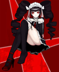 Rule 34 | 10s, 1girl, bad id, bad pixiv id, black hair, black thighhighs, bonnet, celestia ludenberg, danganronpa: trigger happy havoc, danganronpa (series), drill hair, gothic lolita, kakaaru, lolita fashion, nail polish, own hands clasped, own hands together, pale skin, red eyes, shoes, single shoe, skirt, solo, thighhighs, twin drills, twintails