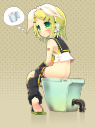 Rule 34 | 1girl, ass, barefoot, blonde hair, blush, clothes pull, feet, green eyes, hair ribbon, kagamine rin, kuromaru9, pants, pants pull, ribbon, short hair, slippers, soles, solo, thought bubble, toilet, toilet paper, toilet use, vocaloid
