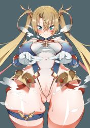 Rule 34 | 1girl, armor, ass, bar censor, bare shoulders, blonde hair, blue background, blue eyes, blush, bradamante (fate), bradamante (first ascension) (fate), braid, breasts, censored, covered navel, detached sleeves, fate/grand order, fate (series), furau, gloves, hair between eyes, highres, large breasts, leotard, looking at viewer, partially visible vulva, pussy, see-through, simple background, smile, solo, sweatdrop, thigh strap, twintails, wedgie, white gloves