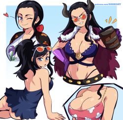 Rule 34 | 1girl, ass, beast pirates uniform, black hair, blue eyes, breasts, cape, cleavage, closed mouth, dashi (dashiart), dress, gloves, heart, highres, horns, large breasts, long hair, multiple views, nico robin, one eye closed, one piece, ponytail, sitting, smile, smirk, sunglasses, v-shaped eyebrows