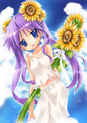 Rule 34 | 00s, 1girl, bare shoulders, blue eyes, casual, cloud, collarbone, day, female focus, flower, hair flower, hair ornament, highres, hiiragi kagami, long hair, lucky star, midriff, nyanmilla, outdoors, purple hair, sky, smile, solo, sunflower, sunlight, tsurime, twintails