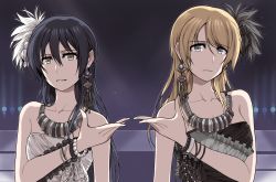 Rule 34 | 10s, 2girls, :|, ayase eli, bad id, bad twitter id, bare shoulders, blonde hair, blue eyes, blue hair, bracelet, brown eyes, clipe, closed mouth, earrings, expressionless, feather hair ornament, feathers, frills, gradient background, hair between eyes, hair down, hair ornament, jewelry, long hair, looking at viewer, love live!, love live! school idol festival, love live! school idol project, multiple girls, necklace, open hand, parted lips, pearl bracelet, sonoda umi, strapless, upper body, yellow eyes