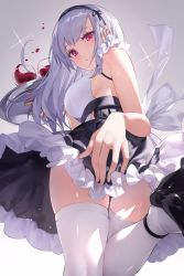 Rule 34 | 1girl, alcohol, apron, ass, azur lane, backlighting, bare shoulders, black footwear, black hairband, black skirt, blush, breasts, closed mouth, cup, dido (azur lane), drinking glass, foot up, gradient background, grey background, hairband, high heels, highres, large breasts, long hair, looking at viewer, looking back, purple eyes, shirt, silver hair, skirt, sleeveless, sleeveless shirt, solo, sparkle, thighhighs, thighs, to gemichi, tray, waist apron, white apron, white shirt, white thighhighs, wine, wine glass