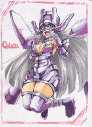 Rule 34 | 1girl, armor, artist request, bodysuit, breasts, character name, cleavage, dress, floating, full body, galacta, giant, giantess, looking at viewer, marker (medium), marvel, open mouth, planet, purple dress, purple eyes, saliva, saliva trail, scan, smile, traditional media