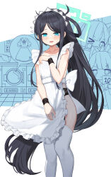 Rule 34 | 3girls, apron, aqua halo, aris (blue archive), aris (maid) (blue archive), back bow, black hair, blue archive, blue eyes, blush, bow, collarbone, commentary, feet out of frame, flat chest, frilled apron, frills, garter belt, green halo, halo, highres, icewind0223, long hair, maid, maid apron, maid headdress, midori (blue archive), momoi (blue archive), multiple girls, naked apron, open mouth, ponytail, rectangular halo, sidelocks, solo focus, thighhighs, very long hair, white apron, white bow, white thighhighs
