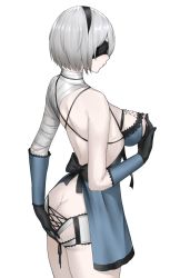 Rule 34 | 1girl, ass, bandaged arm, bandaged neck, bandages, bare shoulders, black hairband, blindfold, breasts, butt crack, closed mouth, commentary request, cosplay, from behind, gloves, hairband, hand on own ass, highres, kaine (nier), kaine (nier) (cosplay), kurone rinka, large breasts, lingerie, negligee, nier:automata, nier (series), nipples, pale skin, silver hair, simple background, solo, thighs, underwear, white background, 2b (nier:automata)