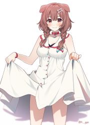 Rule 34 | 14 (vision5032), 1girl, animal ears, bare arms, blush, bone hair ornament, braid, breasts, brown eyes, brown hair, buttons, closed mouth, collar, cowboy shot, dog ears, dog girl, dress, hair between eyes, hair ornament, hair tie, highres, hololive, inugami korone, inugami korone (1st costume), long hair, looking at viewer, medium breasts, nail polish, orange nails, red collar, simple background, skirt hold, sleeveless, sleeveless dress, smile, solo, standing, twin braids, twitter username, virtual youtuber, white background, white dress, wristband