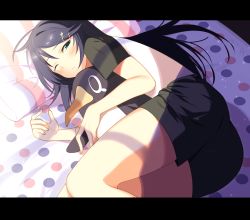 Rule 34 | 10s, 1girl, ahoge, alternate costume, alternate hairstyle, black hair, blue eyes, blush, character check, failure penguin, hair ornament, hairclip, kako (kancolle), kantai collection, letterboxed, long hair, looking at viewer, lying, messy hair, on side, one eye closed, pillow, polka dot, polka dot blanket, sahuyaiya, short sleeves, shorts, solo, striped pillow, stuffed toy