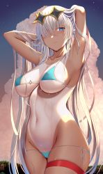 Rule 34 | 1girl, anastasia (fate), armpits, arms behind head, arms up, bare shoulders, bikini, blue bikini, blue eyes, blue sky, blush, breasts, cleavage, collarbone, eyewear on head, fate/grand order, fate (series), gradient sky, hair over one eye, hairband, large breasts, long hair, looking at viewer, one-piece tan, orange sky, silver hair, sky, solo, sunglasses, swimsuit, tan, tanline, thigh strap, thighs, twilight, very long hair, wet, zukky