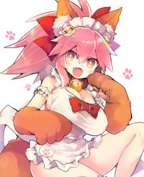 Rule 34 | 1girl, animal ear fluff, animal ears, animal hands, apron, armband, artist name, bell, blush, bow, breasts, bright pupils, cat ornament, cleavage, collar, commentary request, fangs, fate/grand order, fate (series), fox ears, fox girl, fox tail, frilled armband, frilled bow, frills, gloves, hair bow, jingle bell, large breasts, looking at viewer, maid headdress, naked apron, neck bell, open mouth, paw gloves, paw print, pink hair, red bow, sidelocks, simple background, sitting, sketch, smile, solo, tail, tamamo (fate), tamamo cat (fate), tamamo cat (third ascension) (fate), white apron, white background, white pupils, wide ponytail, yellow eyes, yuzuki gao