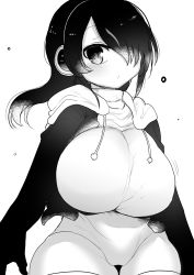 Rule 34 | 1girl, absurdres, blush, breasts, cameltoe, cool-kyou shinja, drawstring, emperor penguin (kemono friends), eyebrows hidden by hair, greyscale, hair over one eye, highres, hood, hood down, huge breasts, impossible clothes, kemono friends, long hair, looking at viewer, monochrome, penguin girl, pursed lips, sagging breasts, simple background, single eye, solo, white background