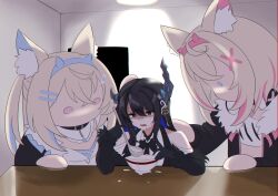 Rule 34 | 3girls, animal ear fluff, animal ears, asymmetrical horns, bare shoulders, black hair, blank room soup, blonde hair, blue eyes, blue hair, colored inner hair, commentary, demon horns, dog ears, dog girl, english commentary, favoritevoidpixel, food, fur trim, fuwawa abyssgard, fuwawa abyssgard (1st costume), hair ornament, hairpin, highres, hololive, hololive english, horns, jacket, ladle, long hair, mococo abyssgard, mococo abyssgard (1st costume), mole, mole under eye, multicolored hair, multiple girls, nerissa ravencroft, nerissa ravencroft (1st costume), pink hair, red eyes, siblings, sisters, soup, streaked hair, table, twins, uneven horns, virtual youtuber, x hair ornament