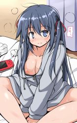 Rule 34 | 1girl, accidental exposure, blue eyes, blue hair, blush, breasts, breasts out, clueless, exposing self, large breasts, long hair, looking at viewer, nipple slip, nipples, no bra, sitting, solo, sweat, sweater, tsuzuri (tuzuri), twintails