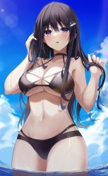 Rule 34 | 1girl, absurdres, bare arms, bare shoulders, bikini, black bikini, black hair, borrowed character, breasts, cleavage, cloud, cowboy shot, day, gongha, hair ornament, hairclip, halterneck, hands up, highres, holding, holding own hair, large breasts, long hair, looking at viewer, multi-strapped bikini, nail polish, navel, open mouth, original, outdoors, purple eyes, solo, standing, stomach, string bikini, sunlight, swimsuit, underboob, wading, water, wet
